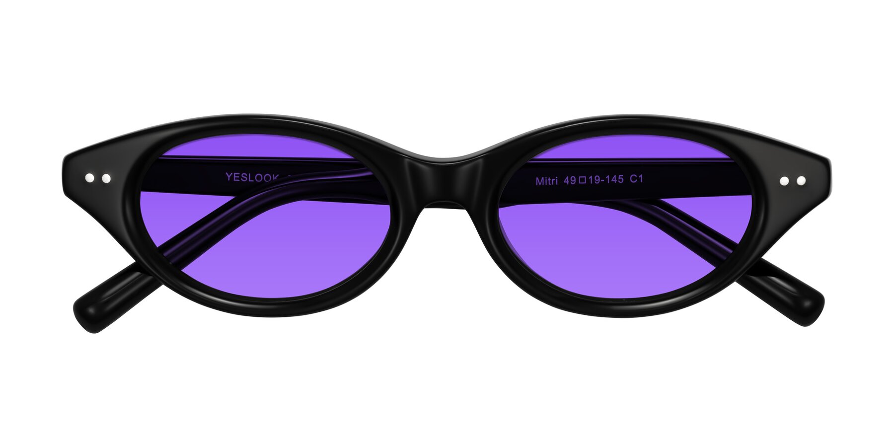 Folded Front of Mitri in Black with Purple Tinted Lenses