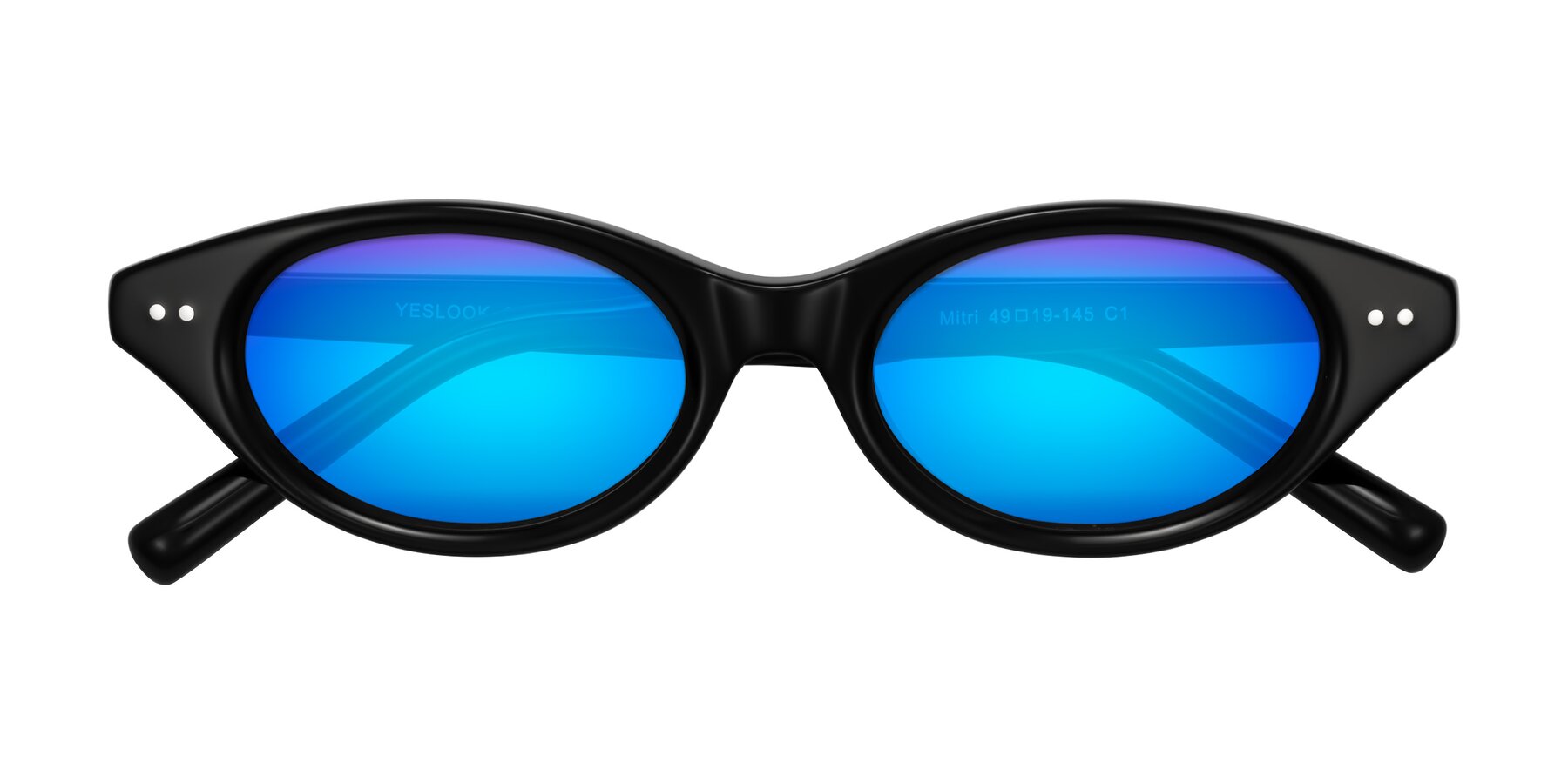Folded Front of Mitri in Black with Blue Mirrored Lenses
