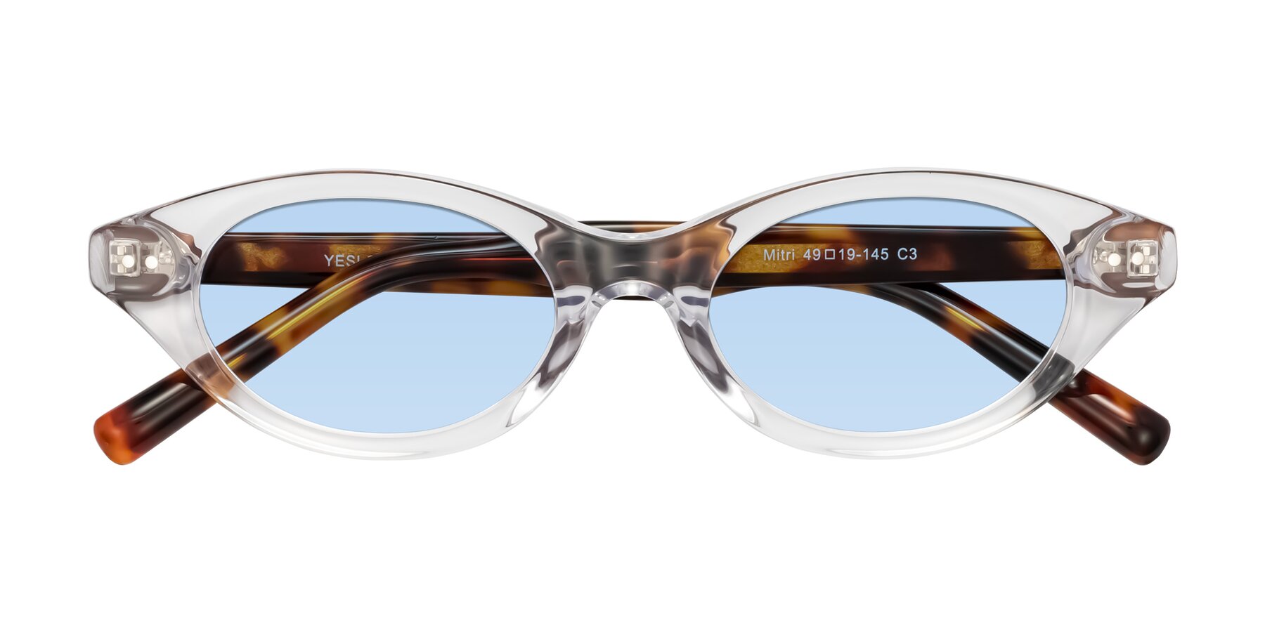 Folded Front of Mitri in Clear/Tortoise with Light Blue Tinted Lenses
