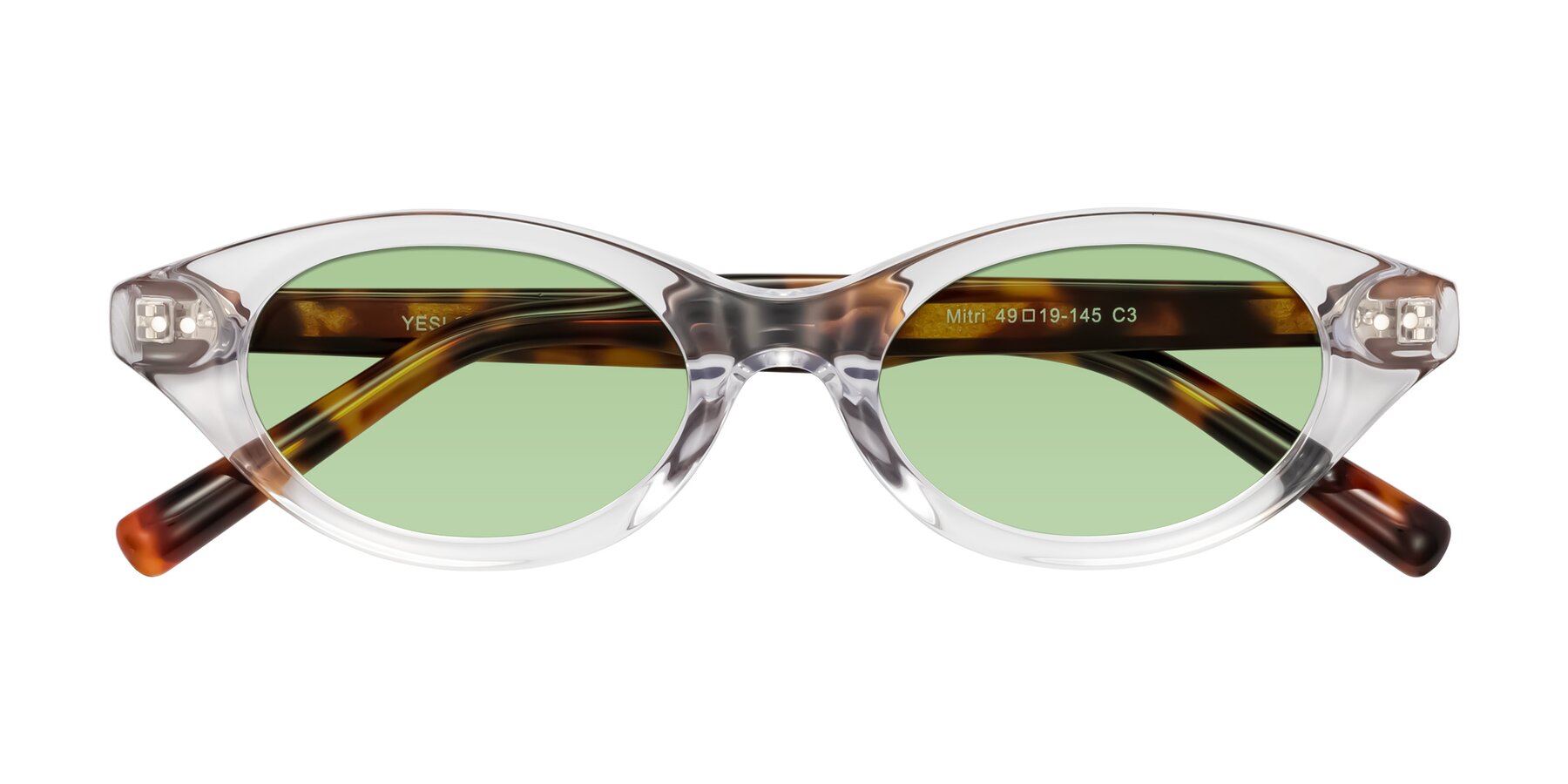 Folded Front of Mitri in Clear/Tortoise with Medium Green Tinted Lenses