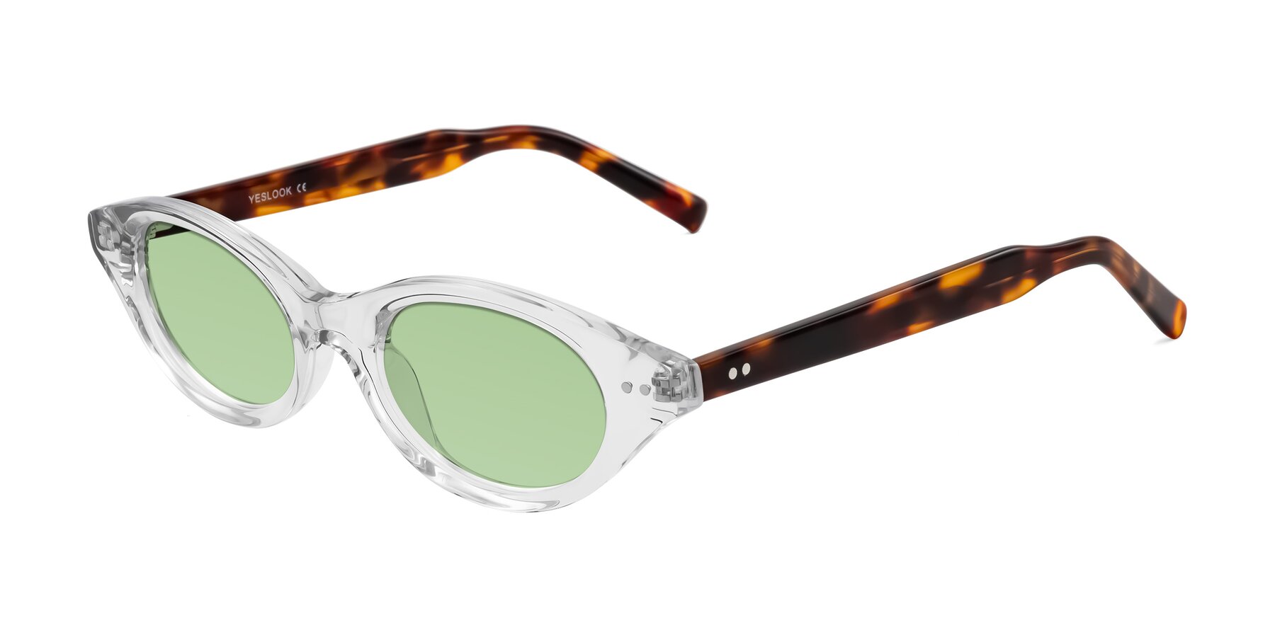 Angle of Mitri in Clear/Tortoise with Medium Green Tinted Lenses
