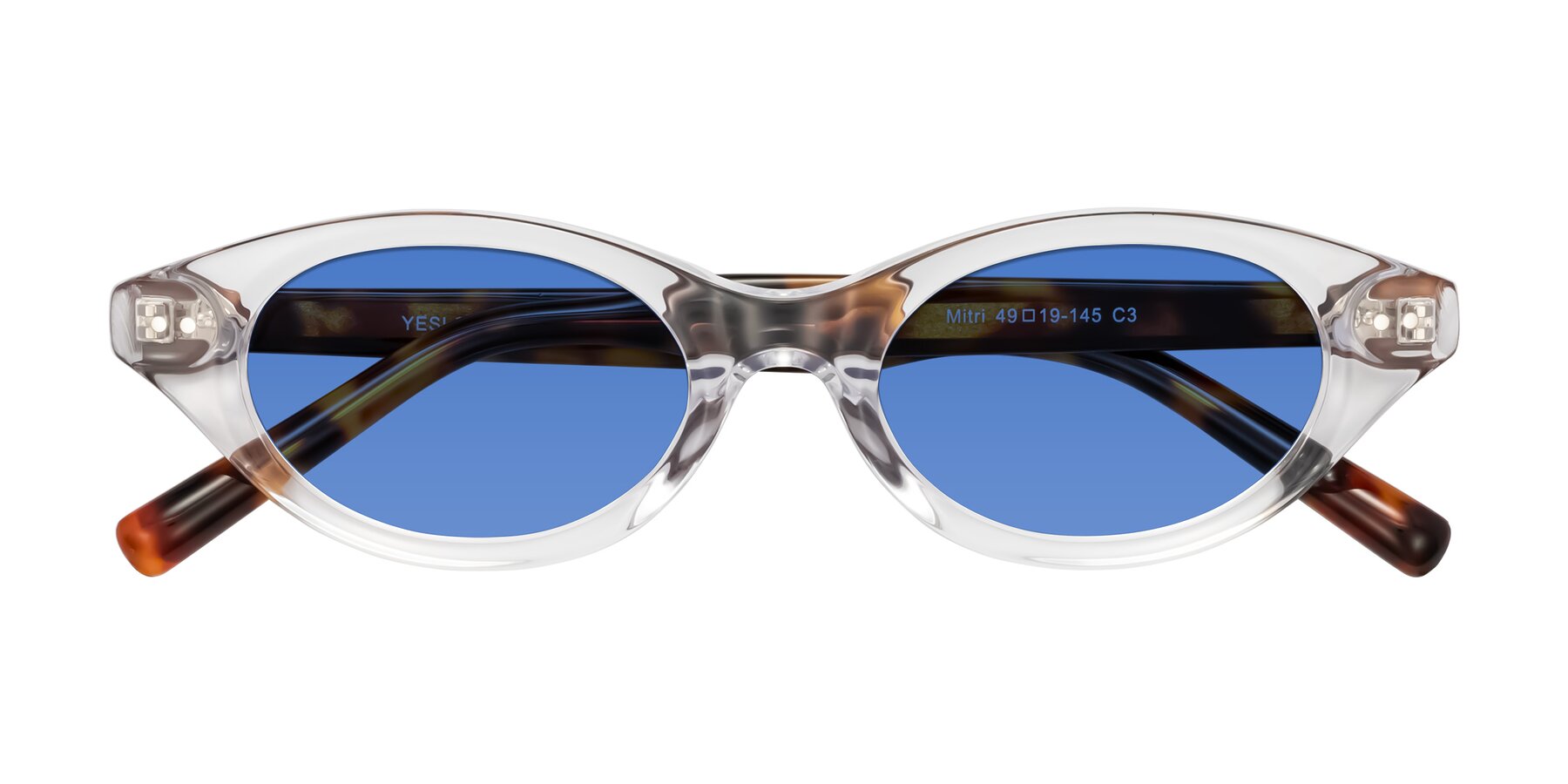 Folded Front of Mitri in Clear/Tortoise with Blue Tinted Lenses