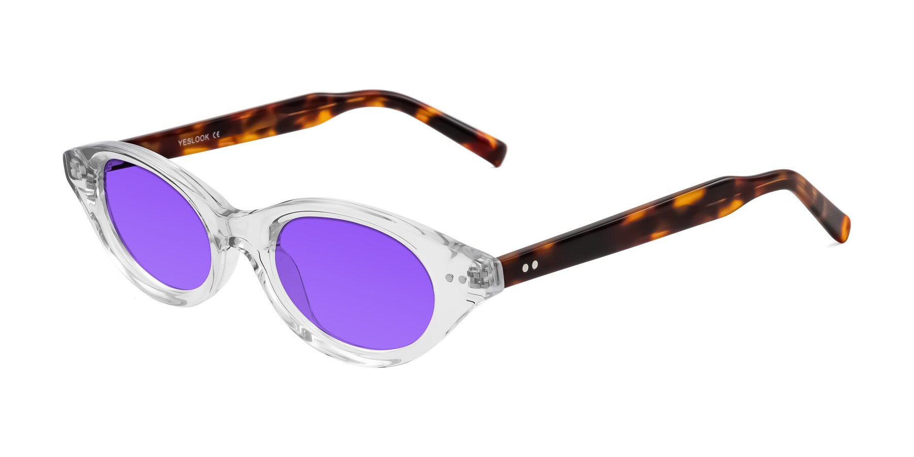 Angle of Mitri in Clear/Tortoise with Purple Tinted Lenses