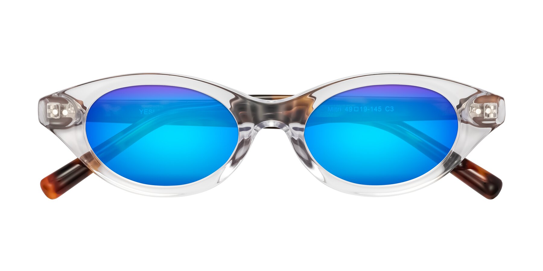 Folded Front of Mitri in Clear/Tortoise with Blue Mirrored Lenses