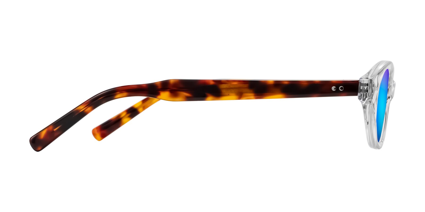 Side of Mitri in Clear/Tortoise with Blue Mirrored Lenses