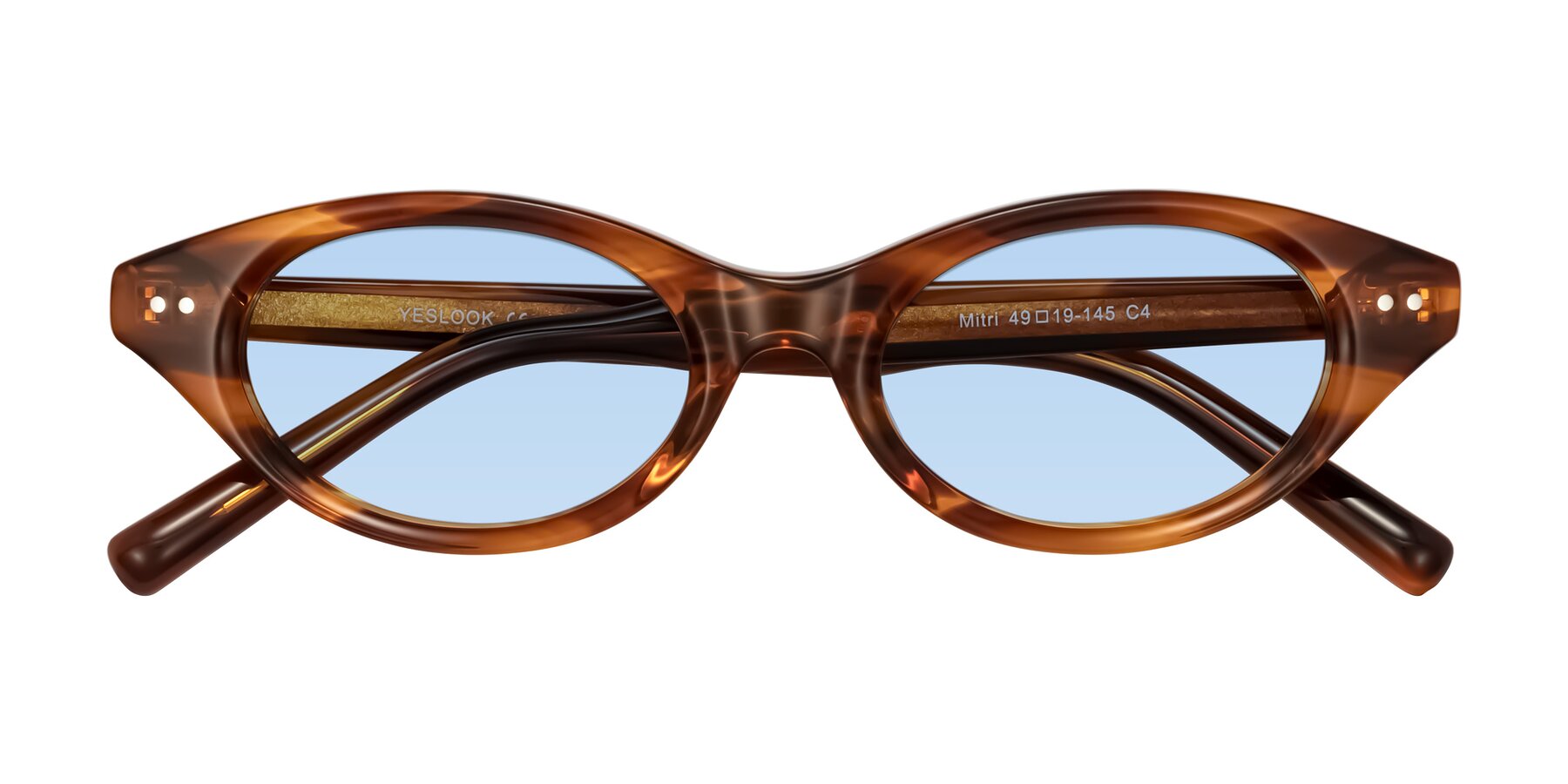 Folded Front of Mitri in Amber Striped with Light Blue Tinted Lenses