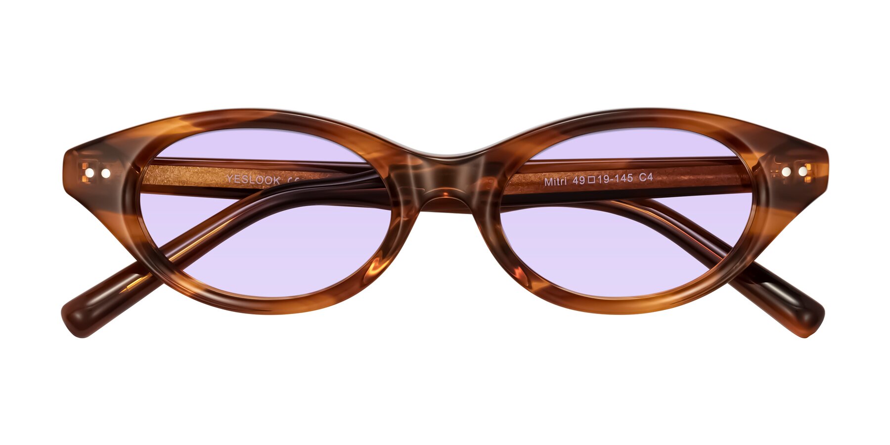 Folded Front of Mitri in Amber Striped with Light Purple Tinted Lenses