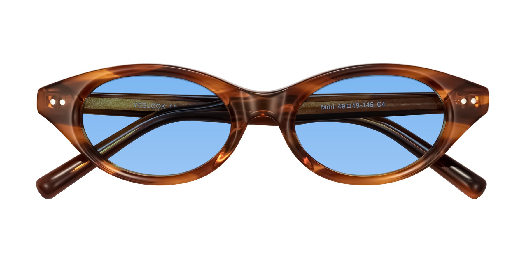 Folded Front of Mitri in Amber Striped with Medium Blue Tinted Lenses