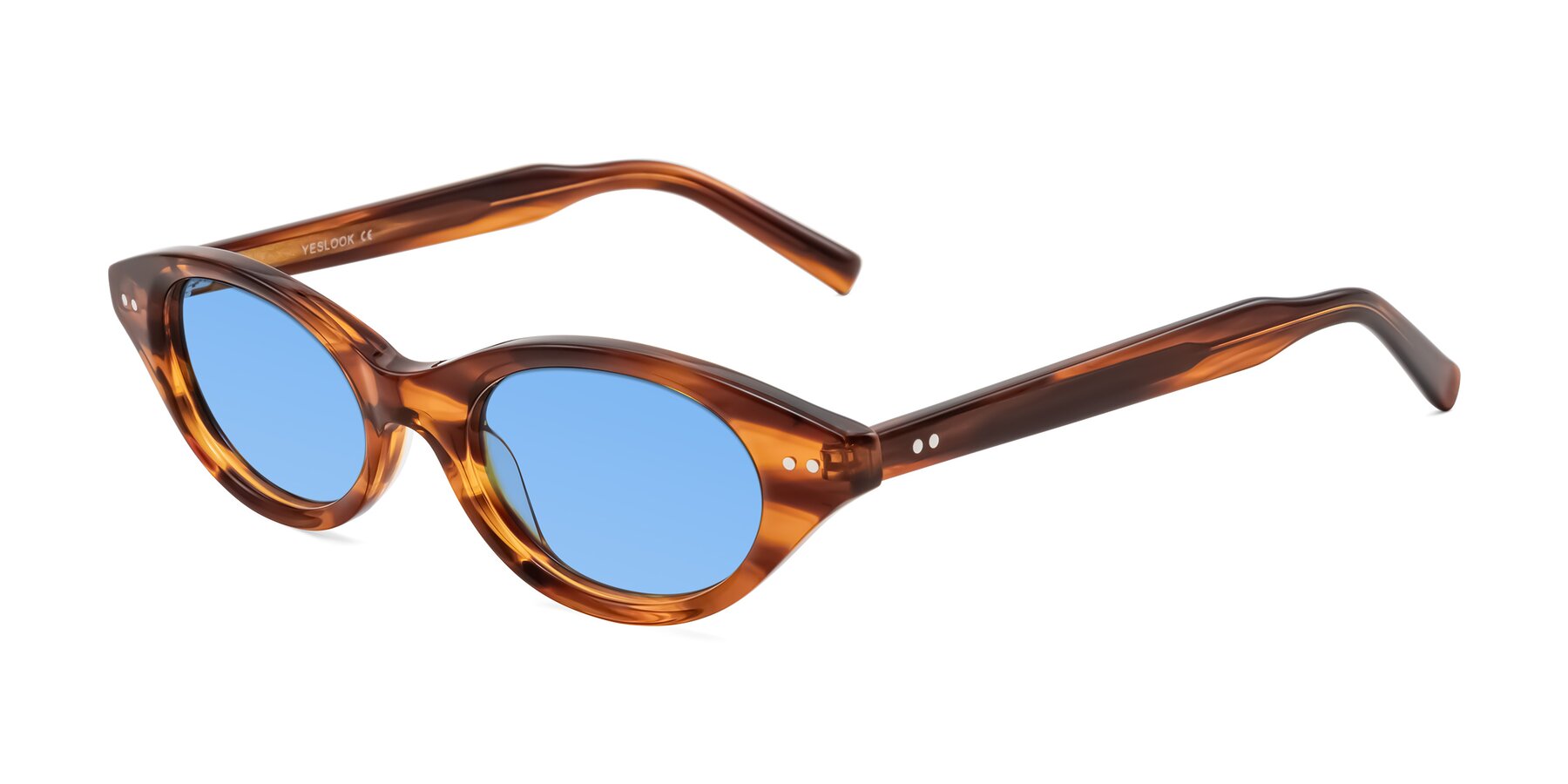 Angle of Mitri in Amber Striped with Medium Blue Tinted Lenses