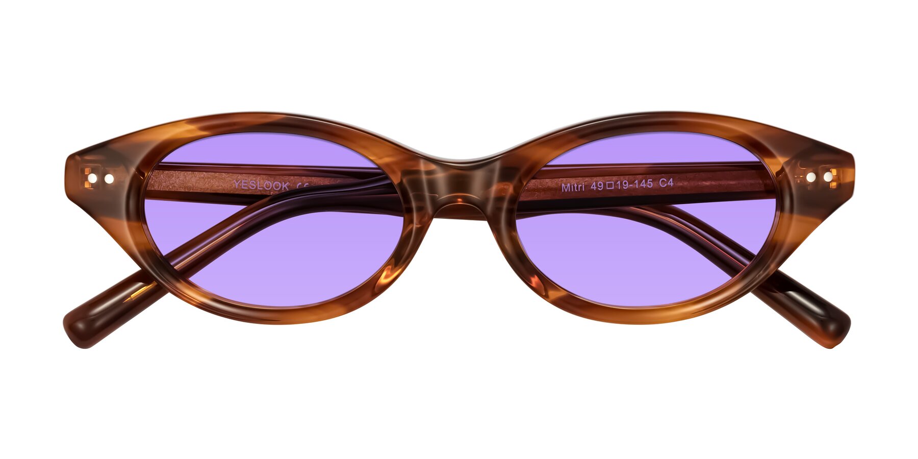 Folded Front of Mitri in Amber Striped with Medium Purple Tinted Lenses