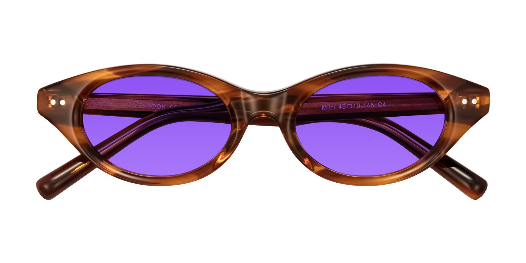 Folded Front of Mitri in Amber Striped with Purple Tinted Lenses