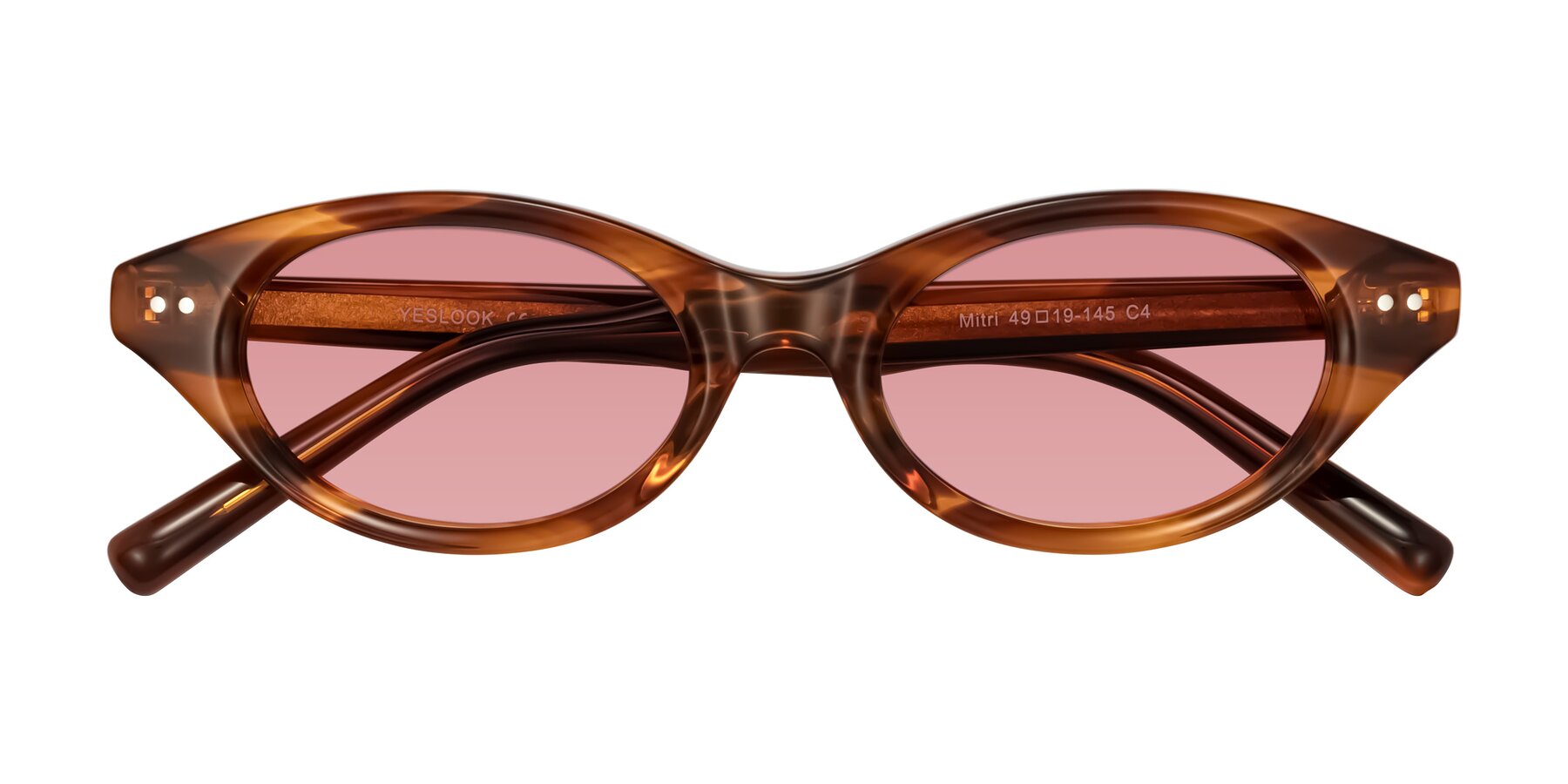 Folded Front of Mitri in Amber Striped with Medium Garnet Tinted Lenses