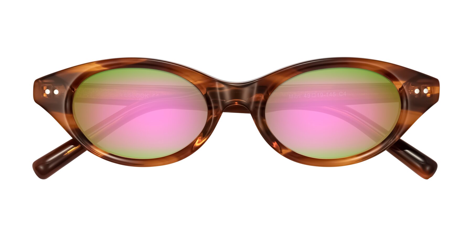 Folded Front of Mitri in Amber Striped with Pink Mirrored Lenses