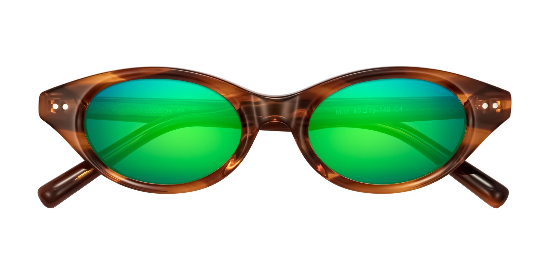 Folded Front of Mitri in Amber Striped with Green Mirrored Lenses