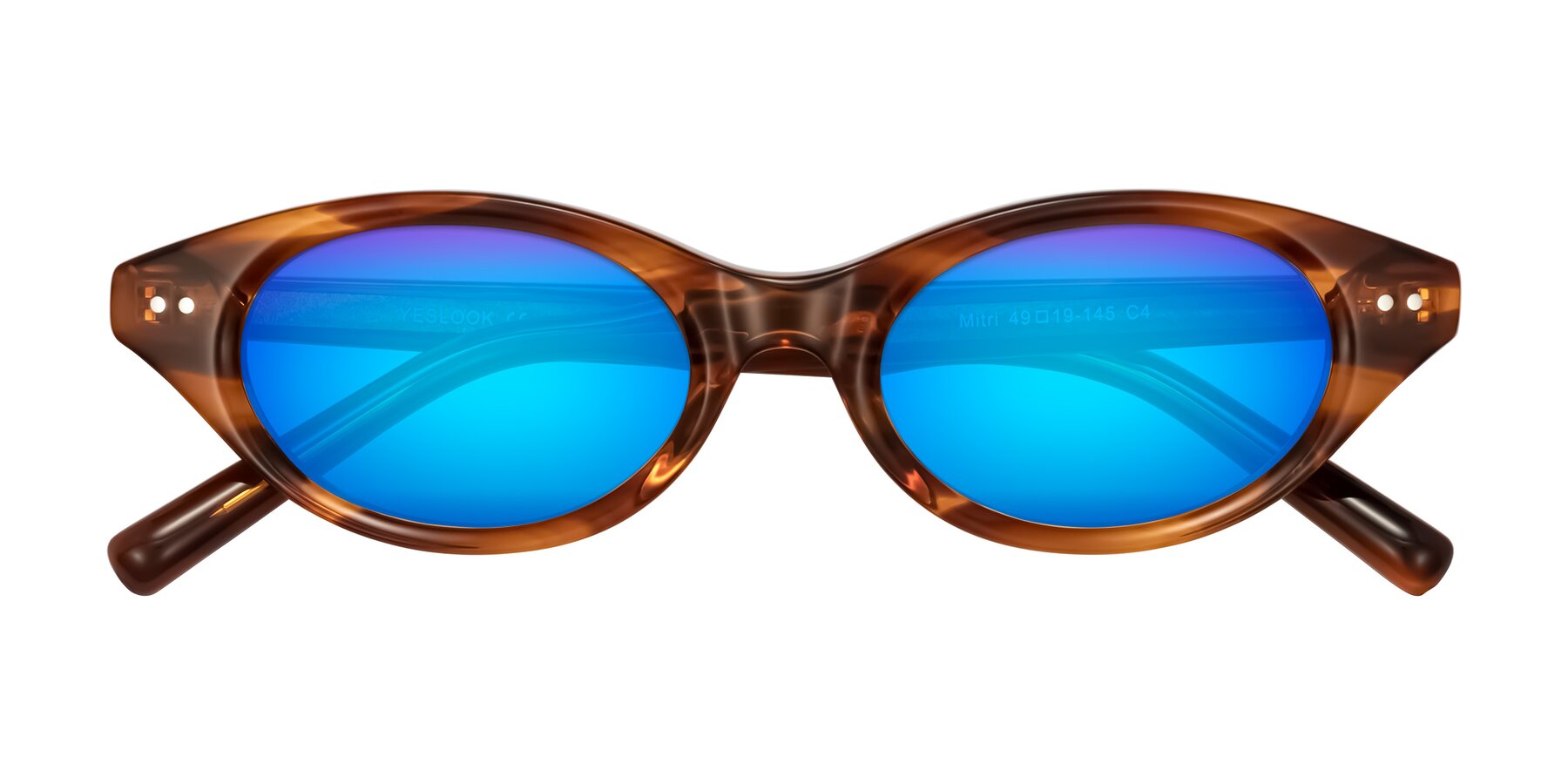 Folded Front of Mitri in Amber Striped with Blue Mirrored Lenses