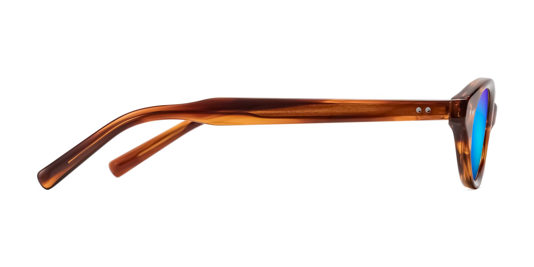 Side of Mitri in Amber Striped with Blue Mirrored Lenses