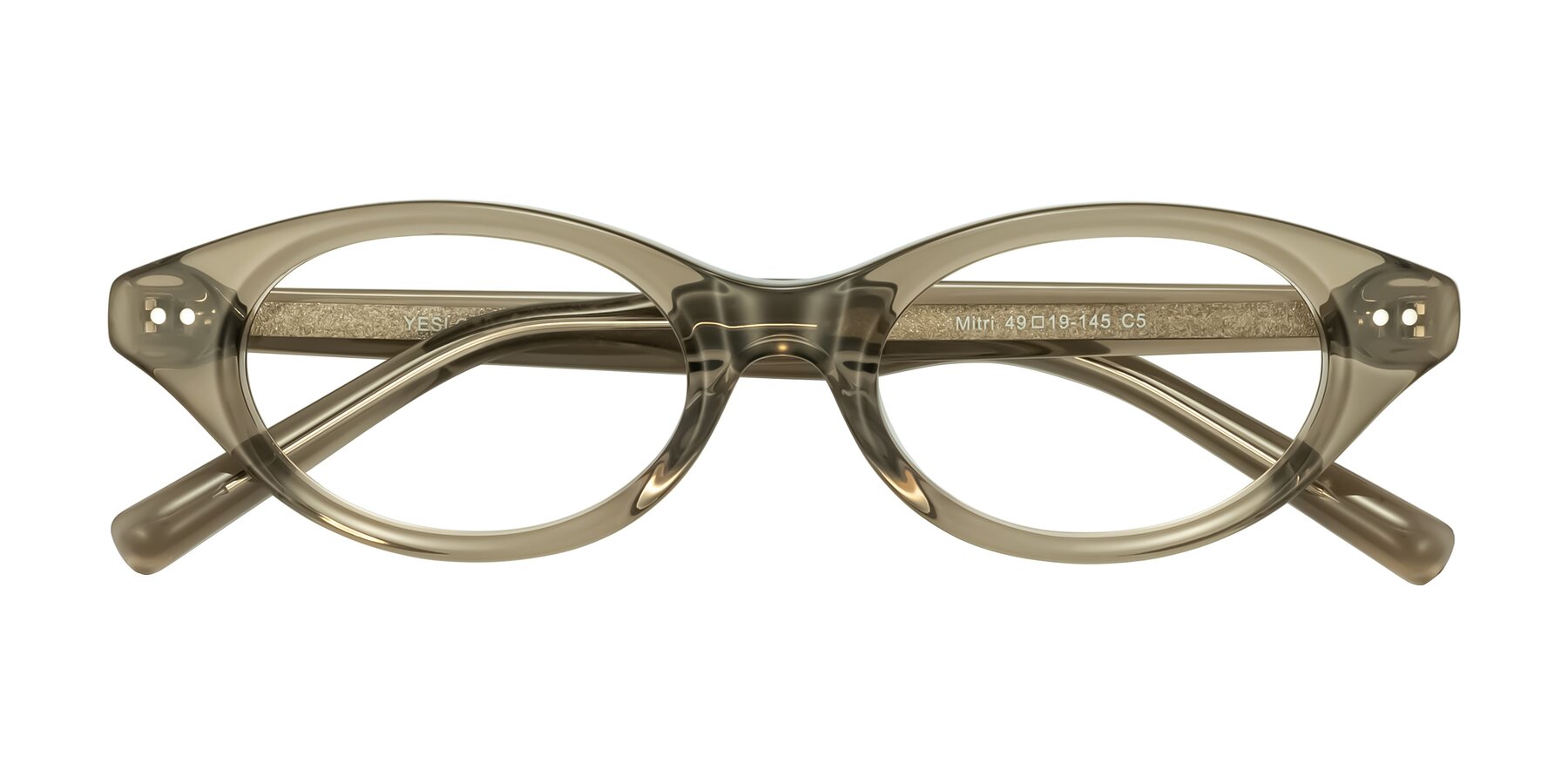 Folded Front of Mitri in Transparent Warm Olive with Clear Reading Eyeglass Lenses