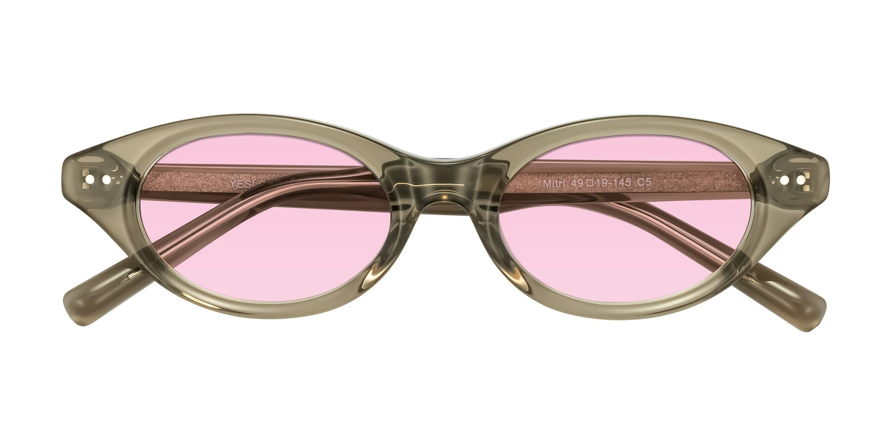 Folded Front of Mitri in Transparent Warm Olive with Light Pink Tinted Lenses