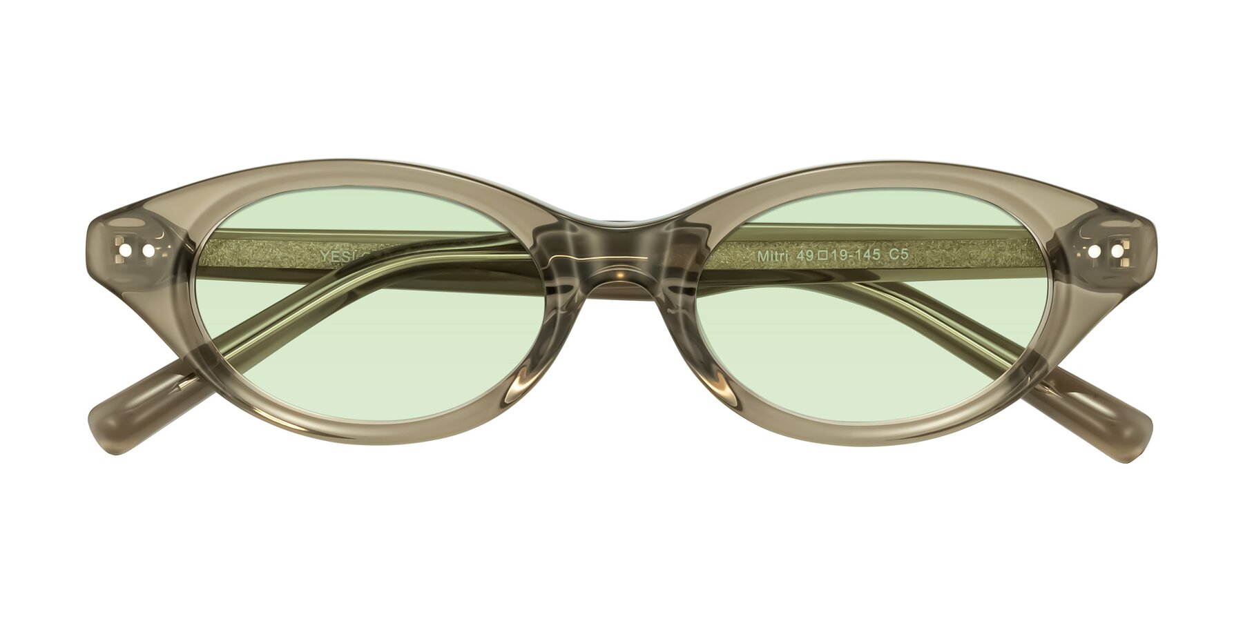 Folded Front of Mitri in Transparent Warm Olive with Light Green Tinted Lenses