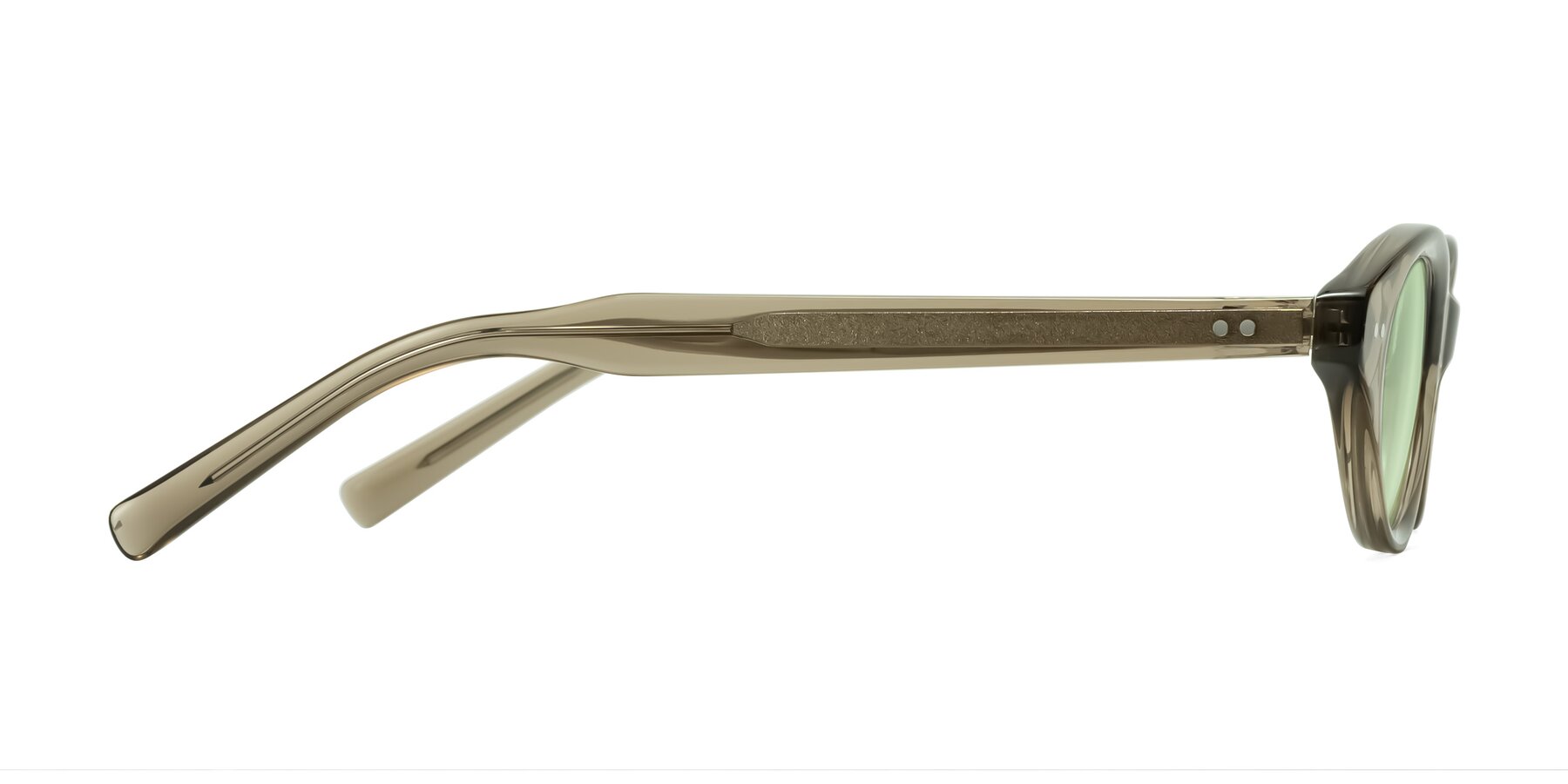 Side of Mitri in Transparent Warm Olive with Light Green Tinted Lenses
