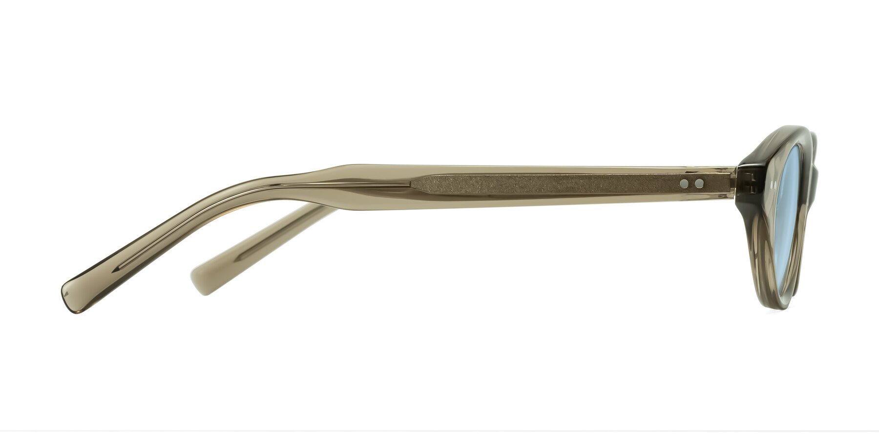 Side of Mitri in Transparent Warm Olive with Light Blue Tinted Lenses