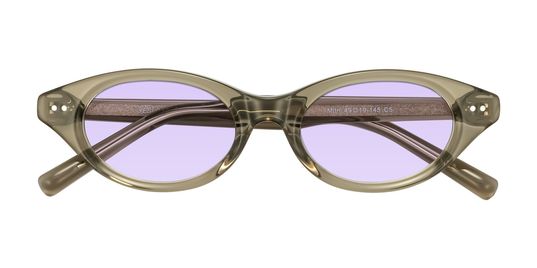 Folded Front of Mitri in Transparent Warm Olive with Light Purple Tinted Lenses