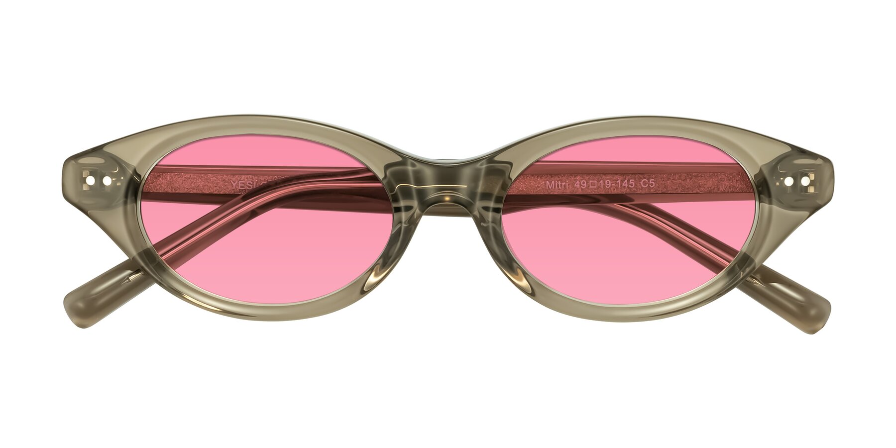 Folded Front of Mitri in Transparent Warm Olive with Pink Tinted Lenses