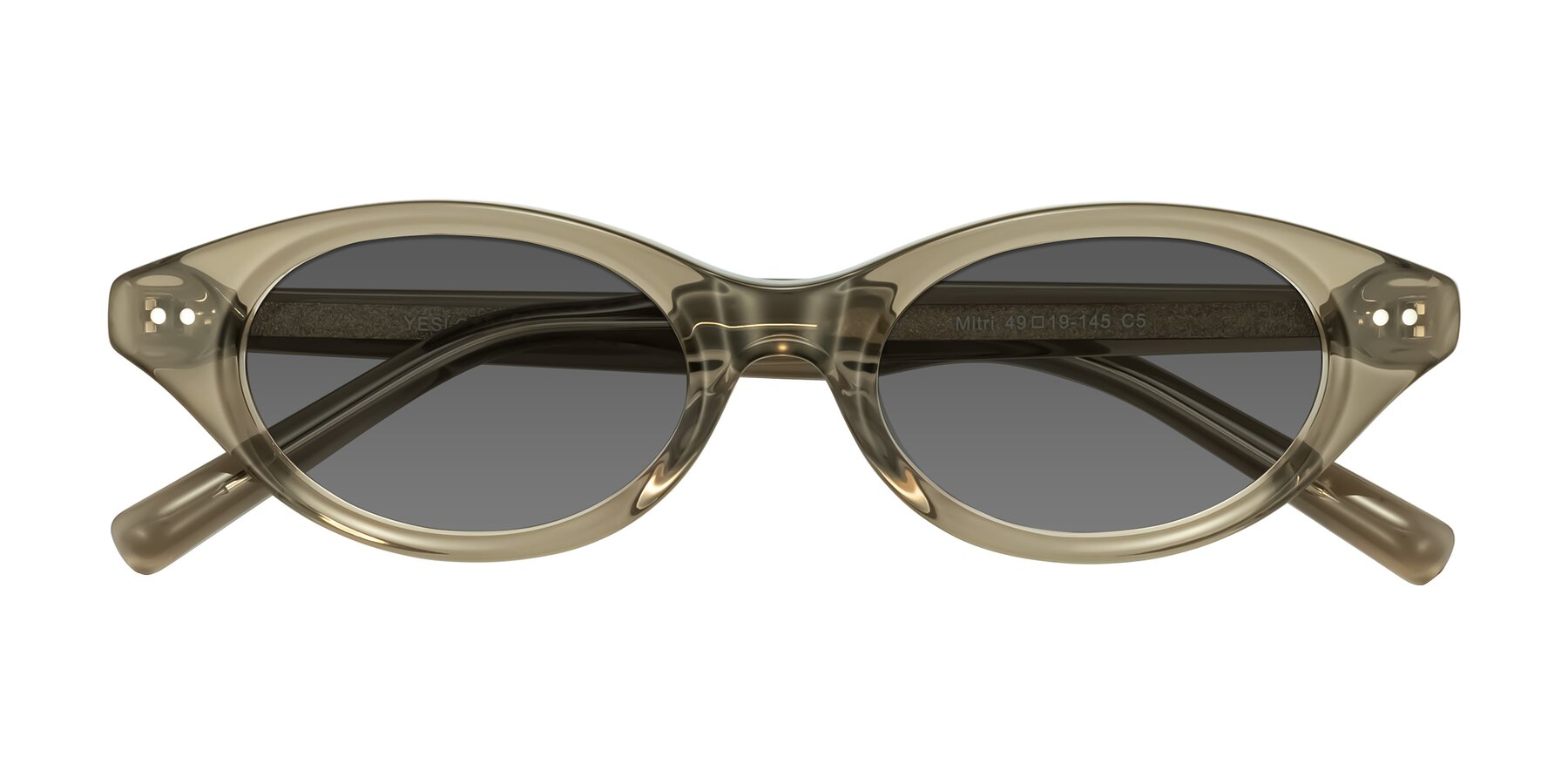 Folded Front of Mitri in Transparent Warm Olive with Medium Gray Tinted Lenses