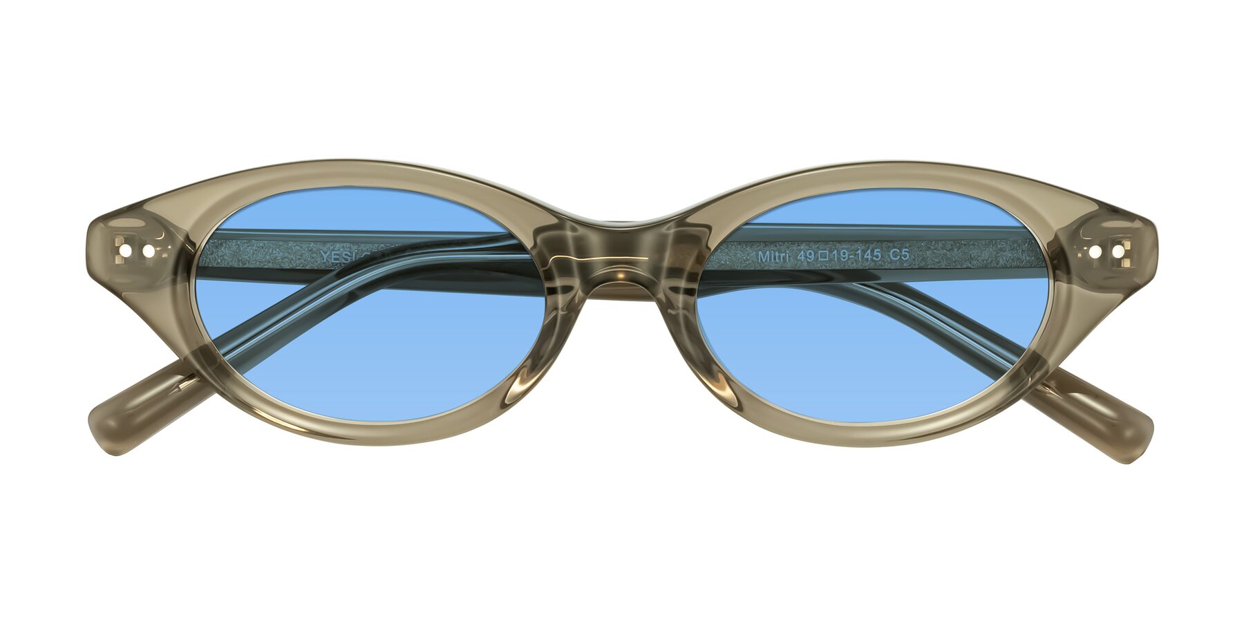 Folded Front of Mitri in Transparent Warm Olive with Medium Blue Tinted Lenses