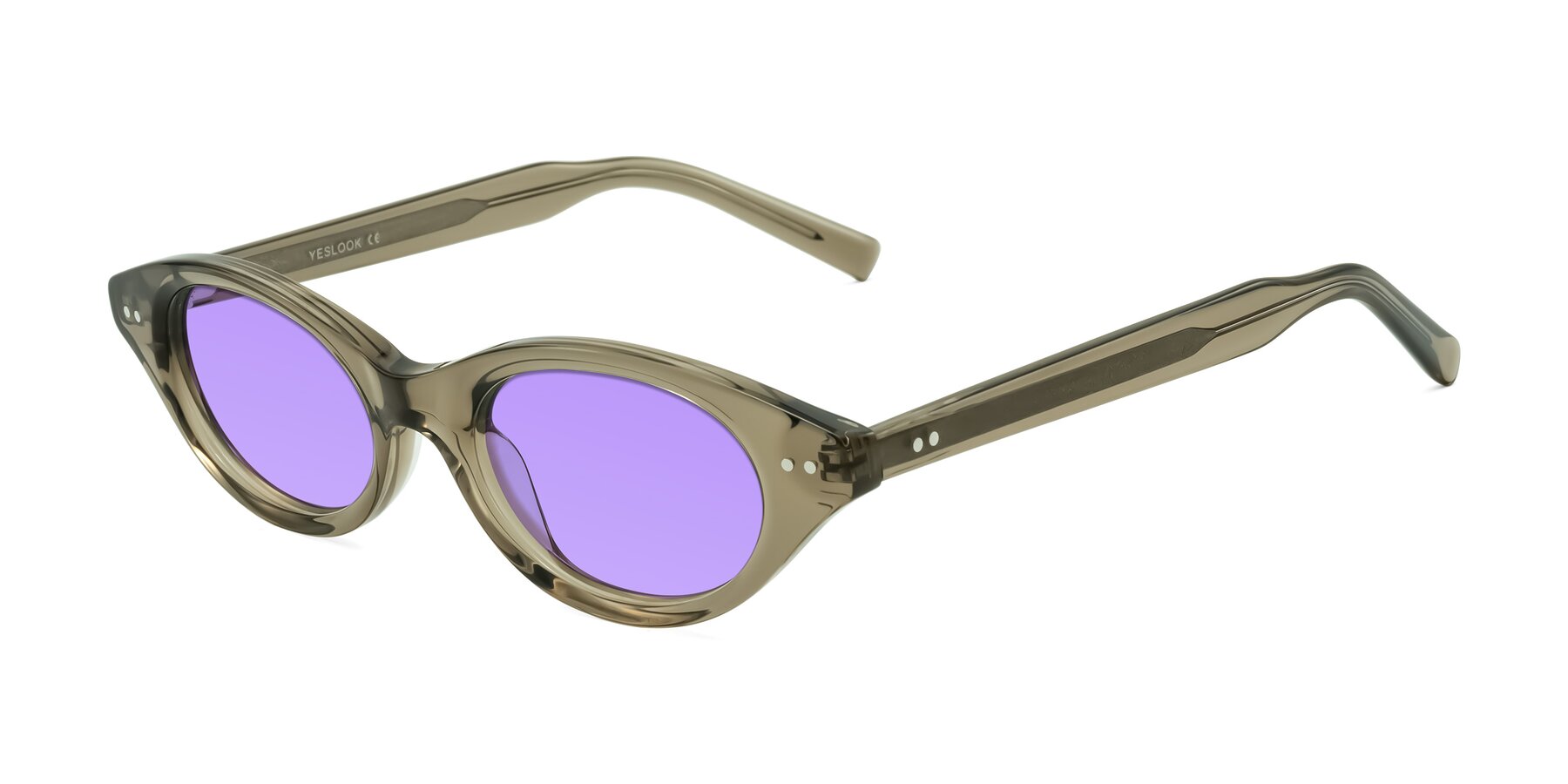 Angle of Mitri in Transparent Warm Olive with Medium Purple Tinted Lenses