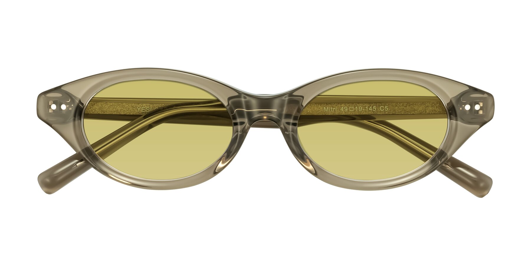 Folded Front of Mitri in Transparent Warm Olive with Medium Champagne Tinted Lenses