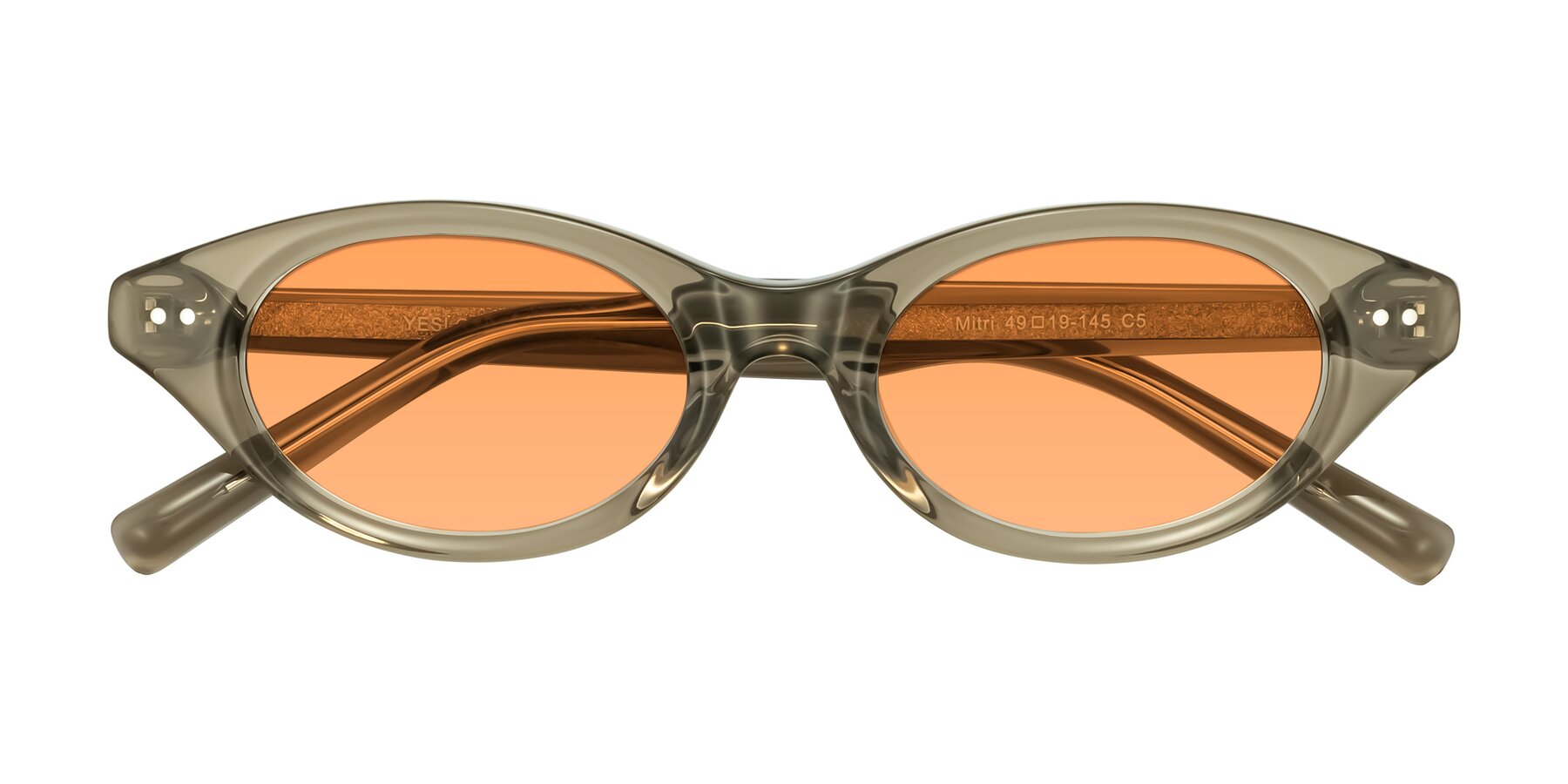 Folded Front of Mitri in Transparent Warm Olive with Medium Orange Tinted Lenses