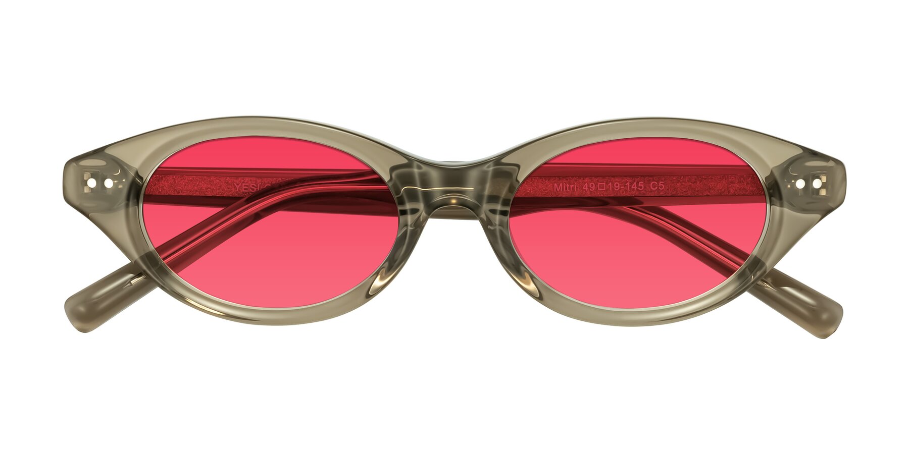 Folded Front of Mitri in Transparent Warm Olive with Red Tinted Lenses