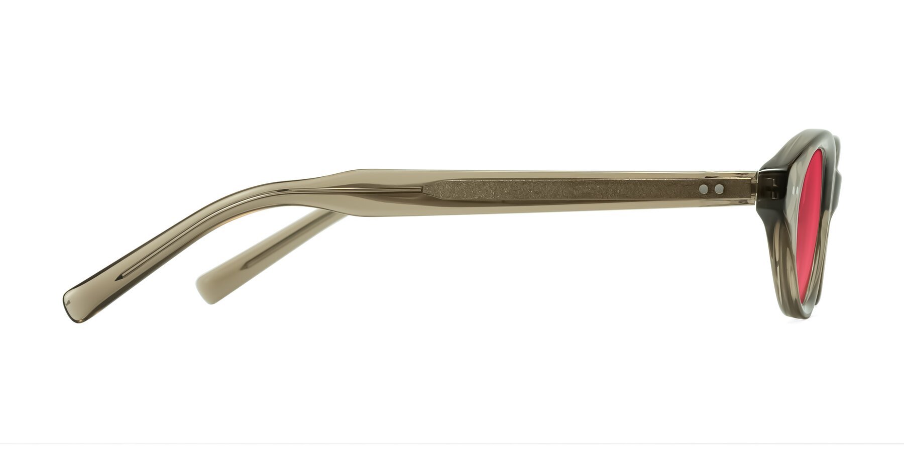 Side of Mitri in Transparent Warm Olive with Red Tinted Lenses