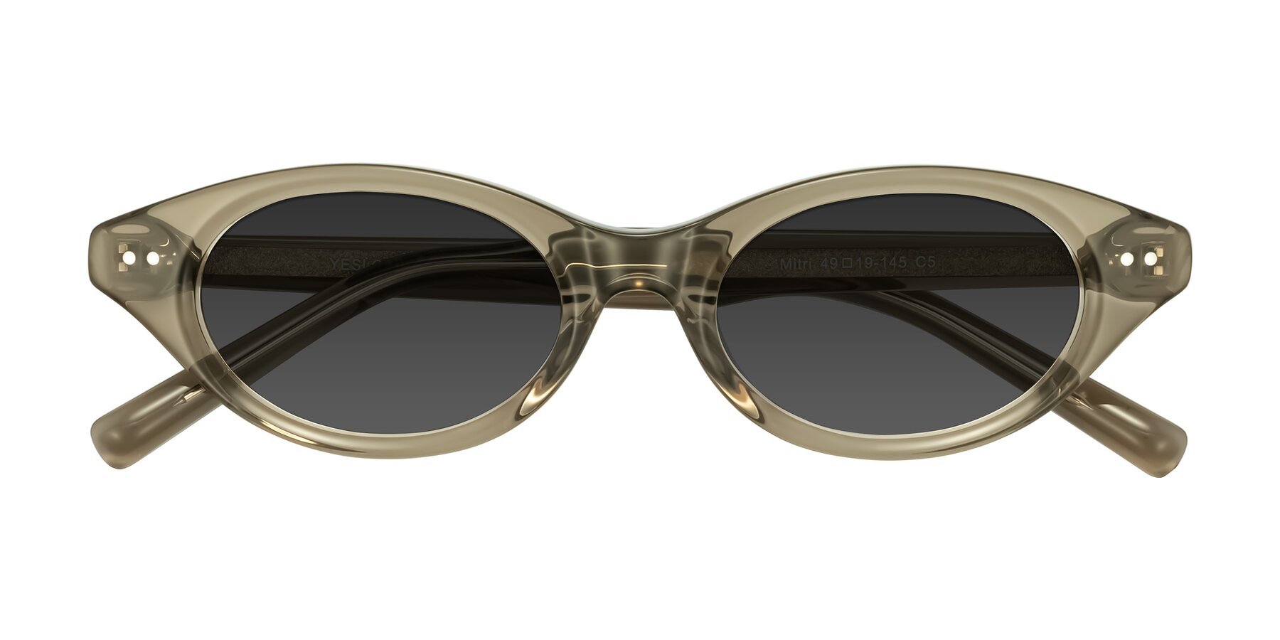 Folded Front of Mitri in Transparent Warm Olive with Gray Tinted Lenses