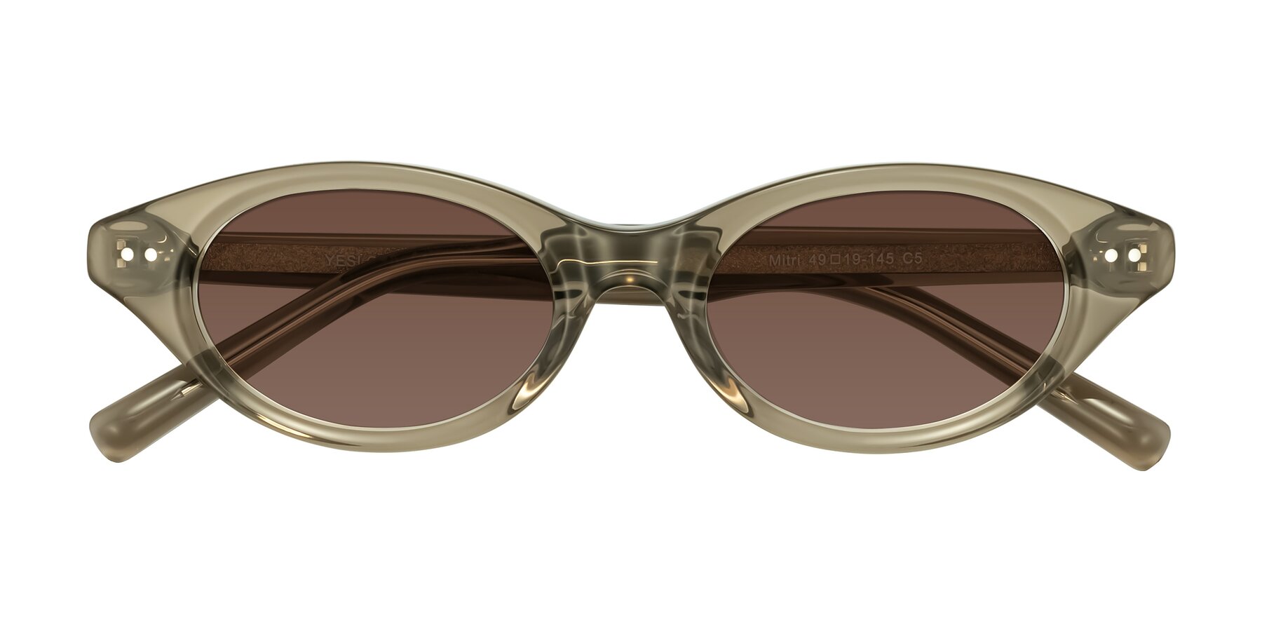 Folded Front of Mitri in Transparent Warm Olive with Brown Tinted Lenses