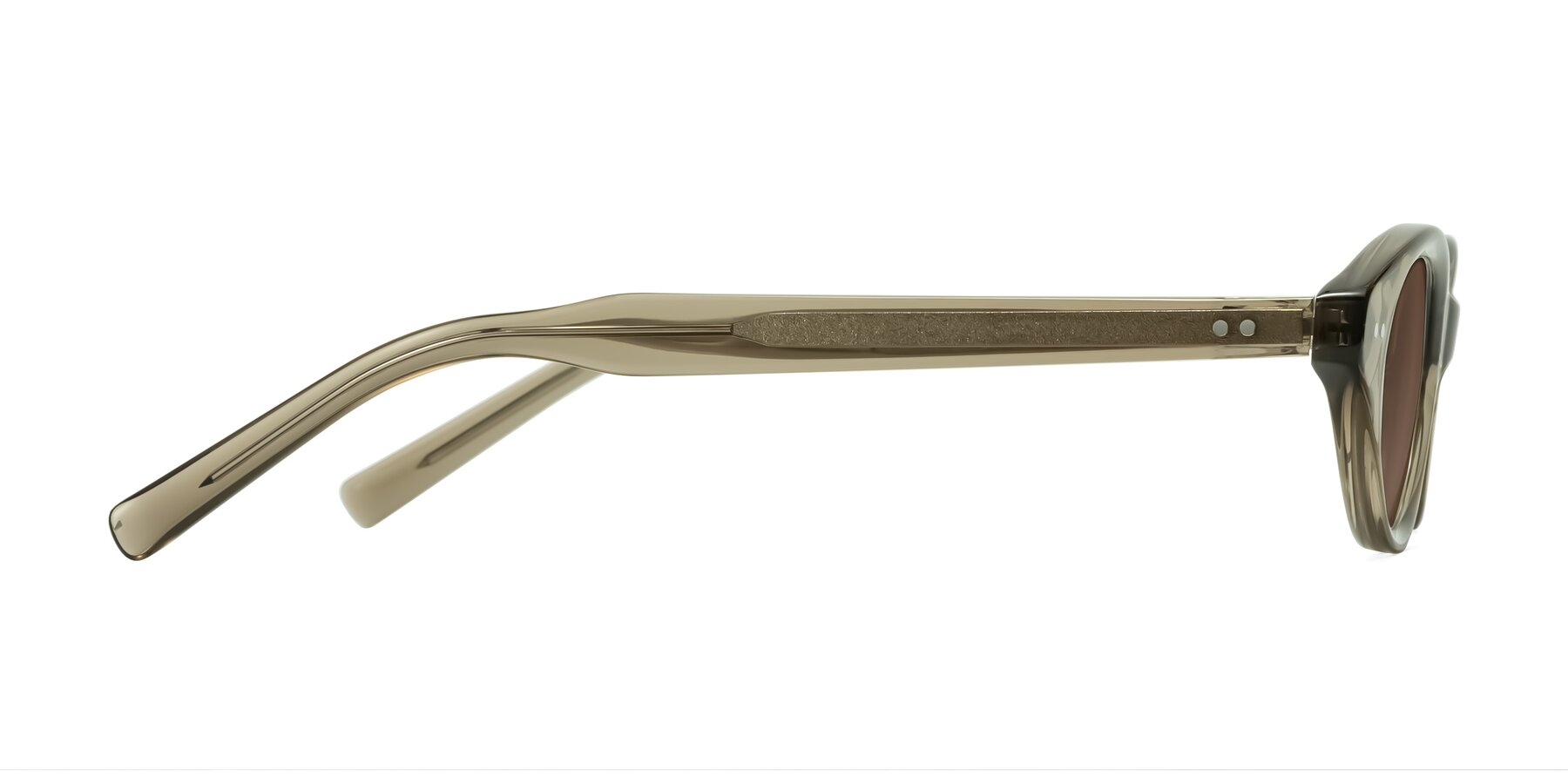 Side of Mitri in Transparent Warm Olive with Brown Tinted Lenses