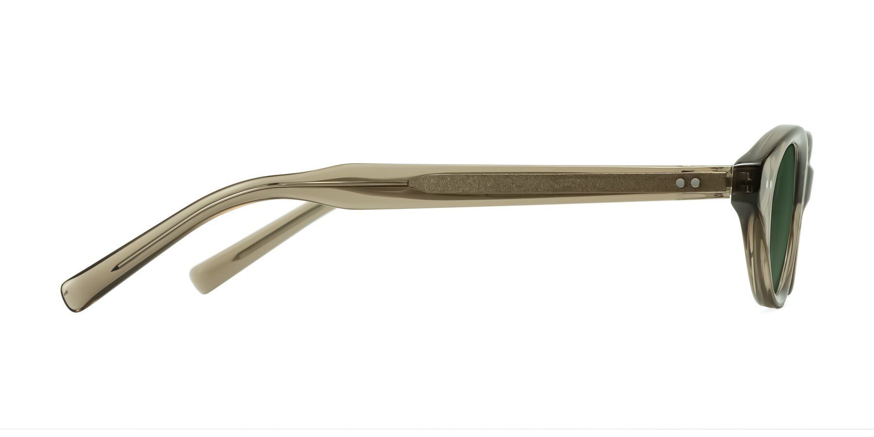 Side of Mitri in Transparent Warm Olive with Green Tinted Lenses