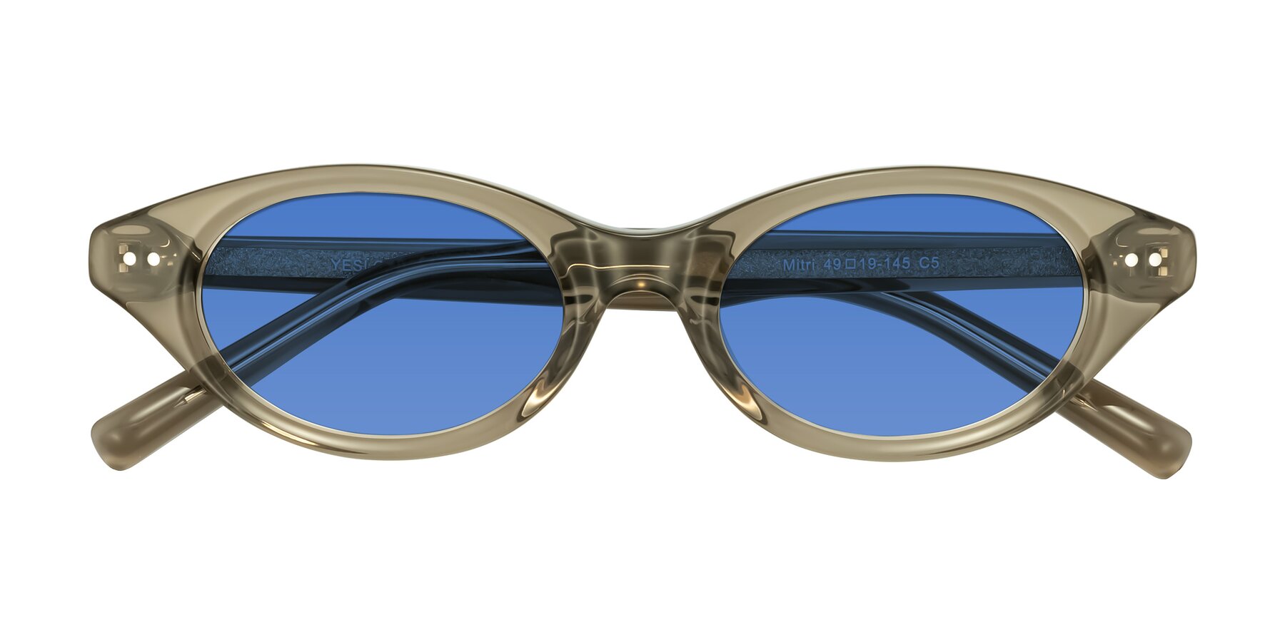 Folded Front of Mitri in Transparent Warm Olive with Blue Tinted Lenses