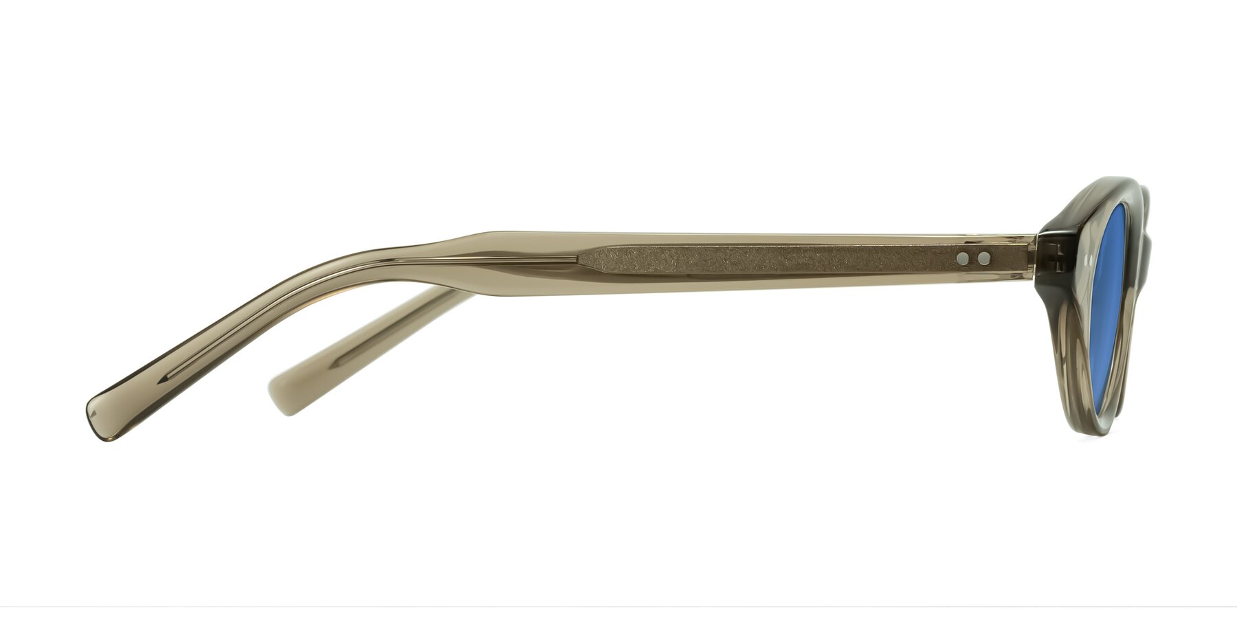 Side of Mitri in Transparent Warm Olive with Blue Tinted Lenses