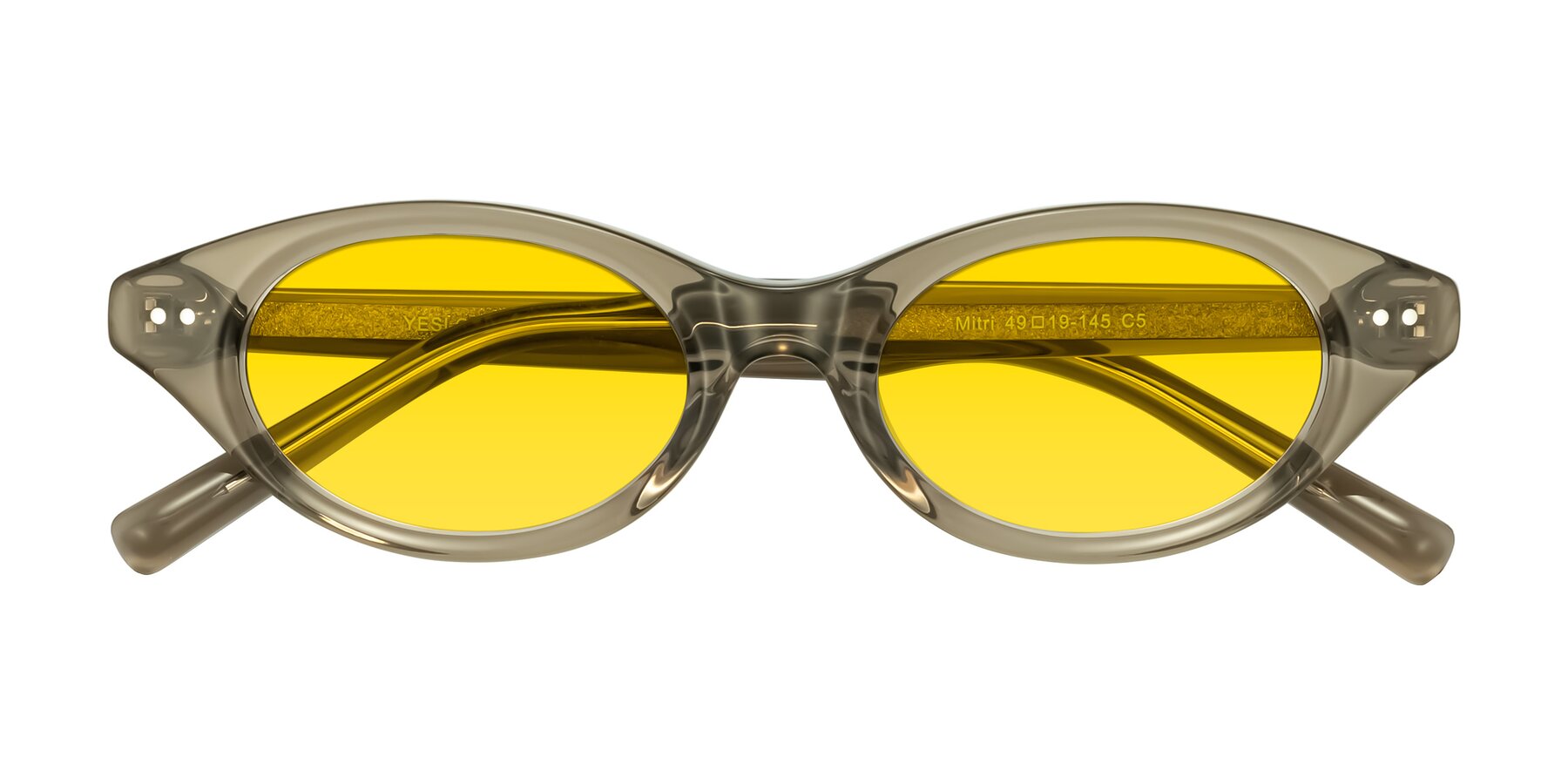 Folded Front of Mitri in Transparent Warm Olive with Yellow Tinted Lenses