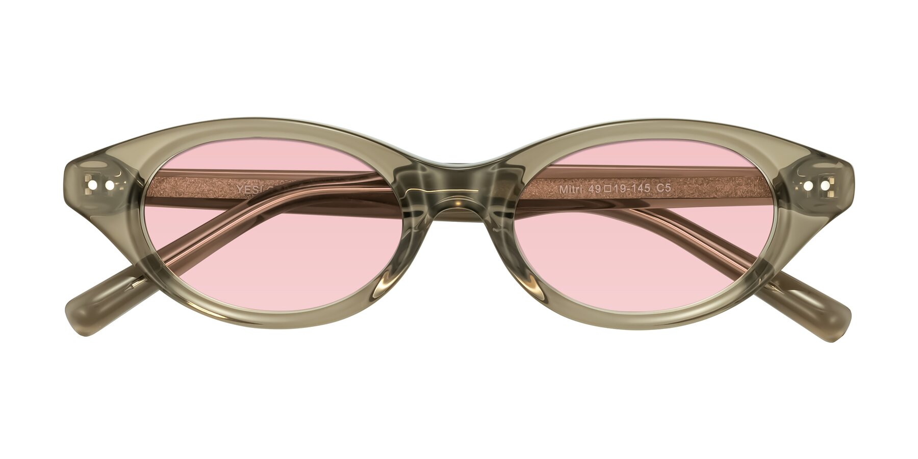 Folded Front of Mitri in Transparent Warm Olive with Light Garnet Tinted Lenses