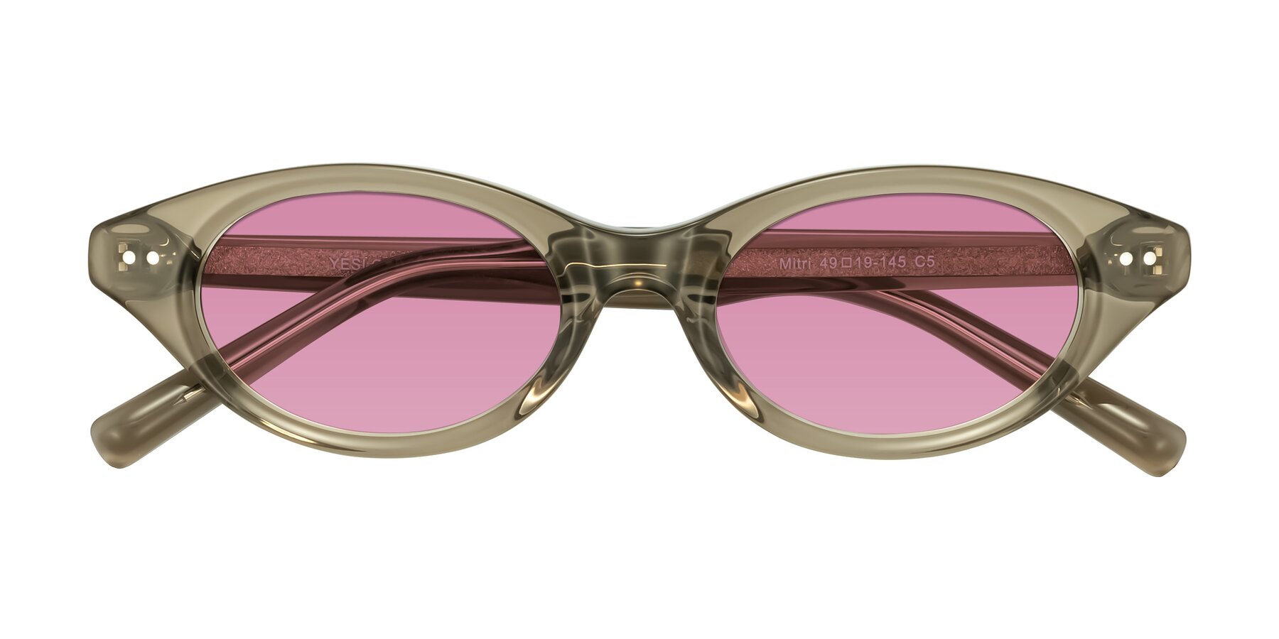 Folded Front of Mitri in Transparent Warm Olive with Medium Wine Tinted Lenses
