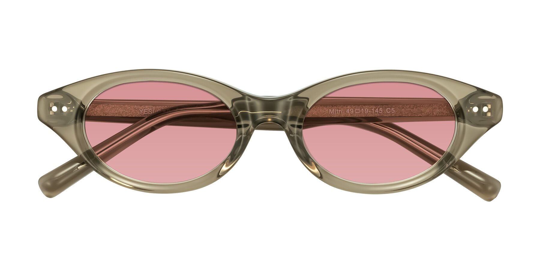 Folded Front of Mitri in Transparent Warm Olive with Medium Garnet Tinted Lenses