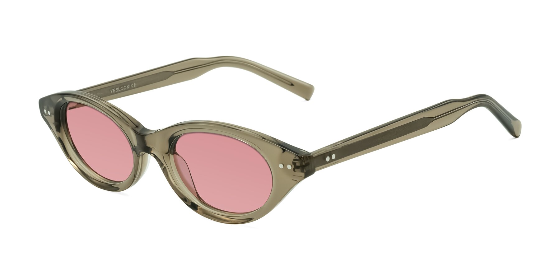 Angle of Mitri in Transparent Warm Olive with Medium Garnet Tinted Lenses