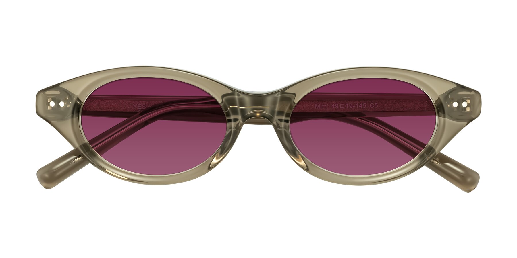 Folded Front of Mitri in Transparent Warm Olive with Wine Tinted Lenses