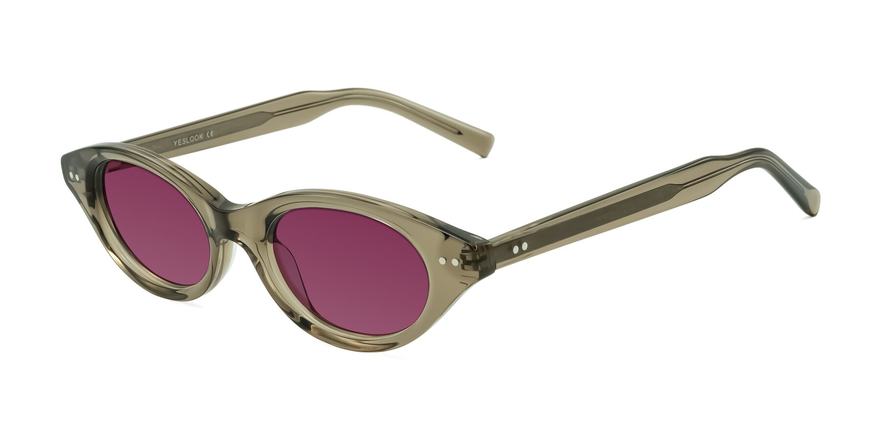 Angle of Mitri in Transparent Warm Olive with Wine Tinted Lenses