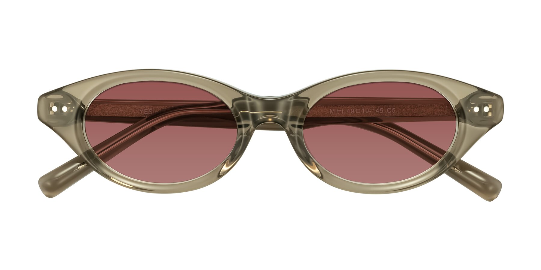 Folded Front of Mitri in Transparent Warm Olive with Garnet Tinted Lenses