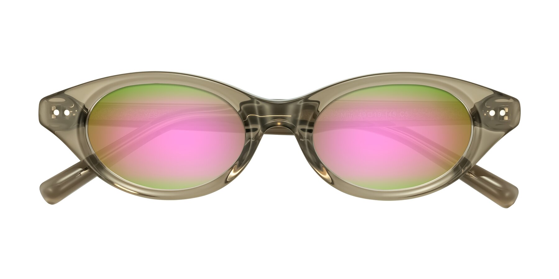 Folded Front of Mitri in Transparent Warm Olive with Pink Mirrored Lenses