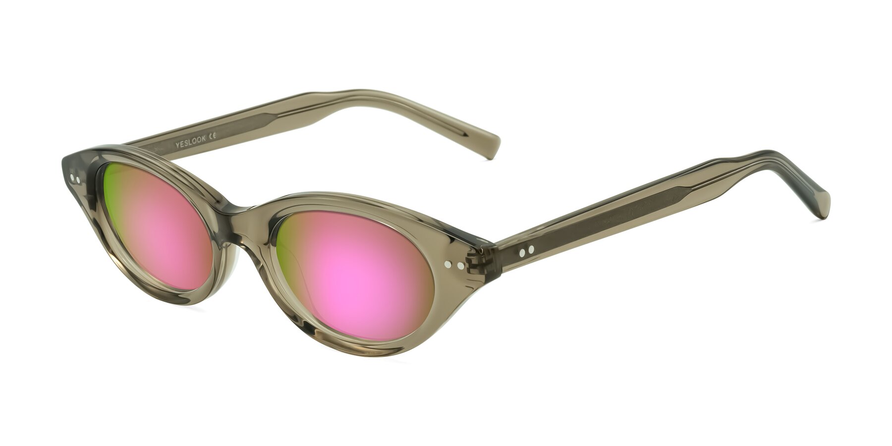 Angle of Mitri in Transparent Warm Olive with Pink Mirrored Lenses